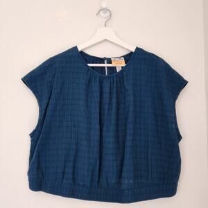 Future Collective Jenny K. Lopez Dark Blue Textured Short Sleeve Crop Blouse XL